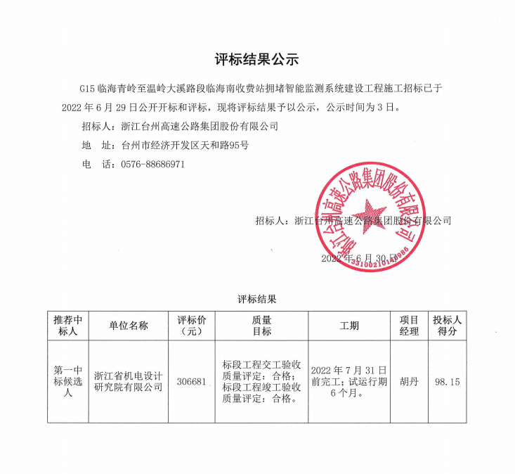 G15臨海青嶺至溫嶺大溪路段臨海南收費(fèi)站擁堵智能檢測(cè)系統(tǒng)建設(shè)工程評(píng)標(biāo)結(jié)果公示.png